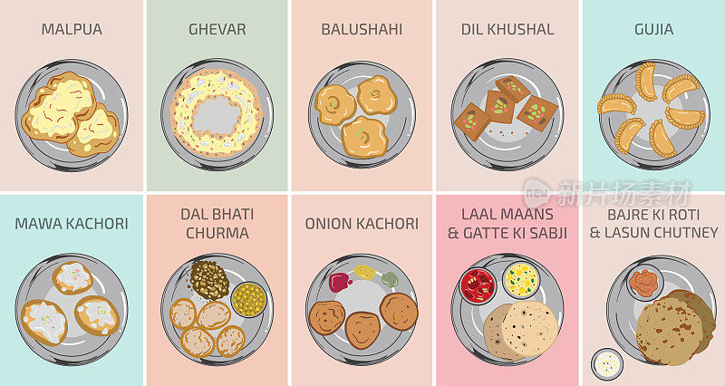 印度拉贾斯坦的食物。拉贾斯坦邦的食物。Dal bhati churma kachori
